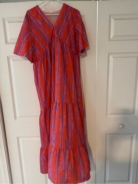 Vibrant Pink & Orange V-Neck Tiered Maxi Dress